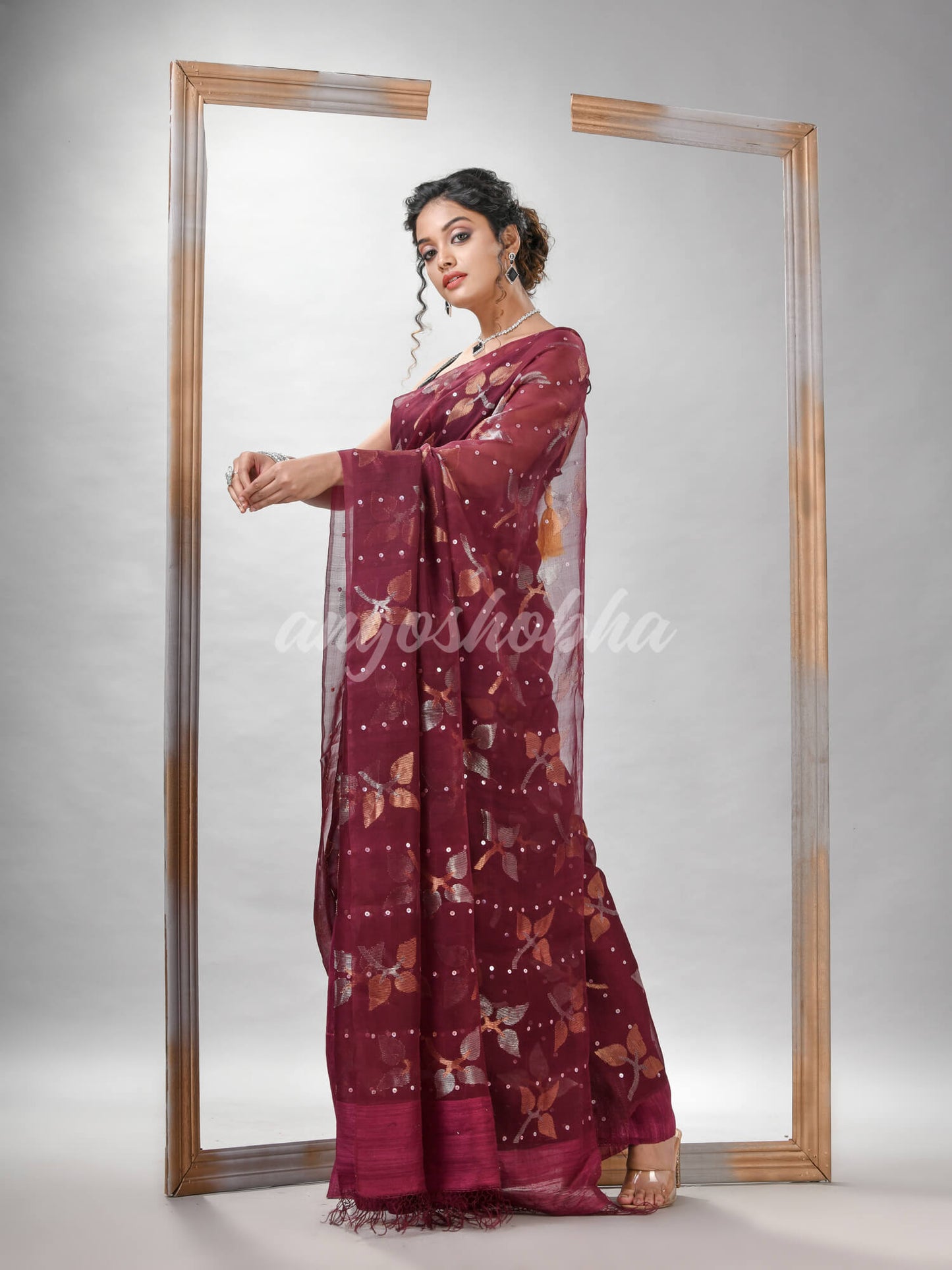 Traditional Maroon Matka Silk Sequin Soft Jamdani Saree