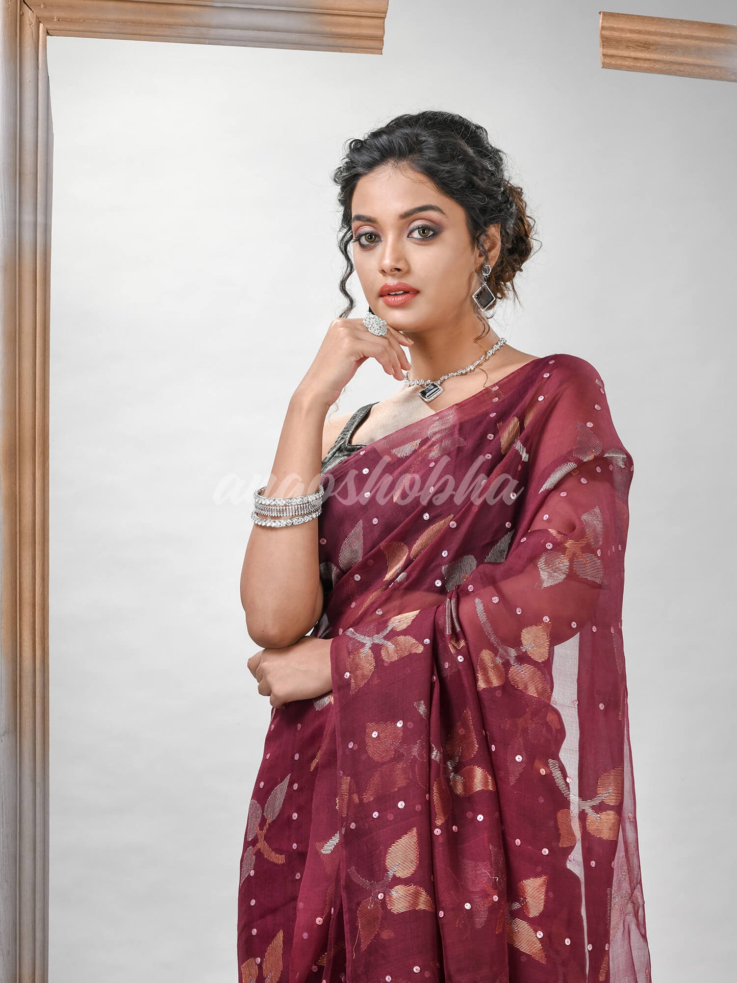 Traditional Maroon Matka Silk Sequin Soft Jamdani Saree