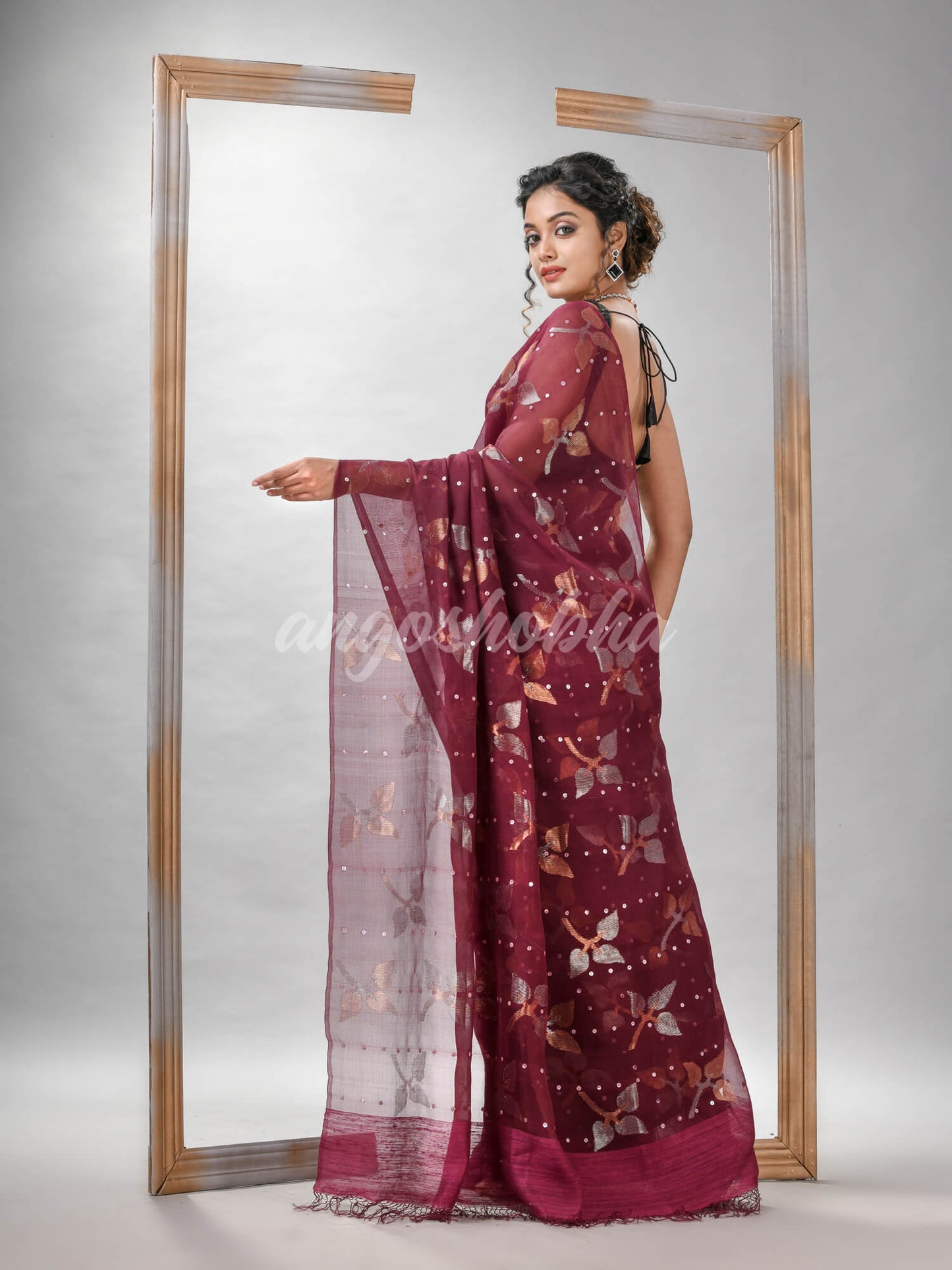 Traditional Maroon Matka Silk Sequin Soft Jamdani Saree