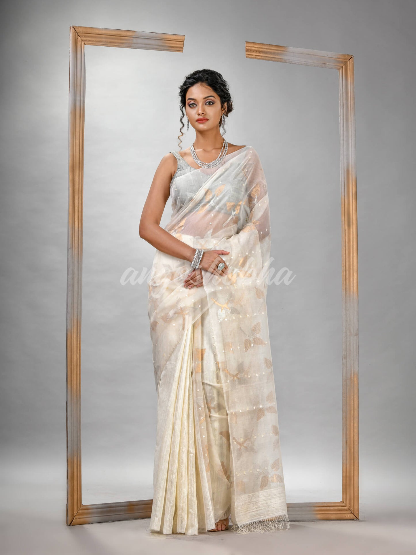 Traditional White Matka Silk Sequin Soft Jamdani Saree