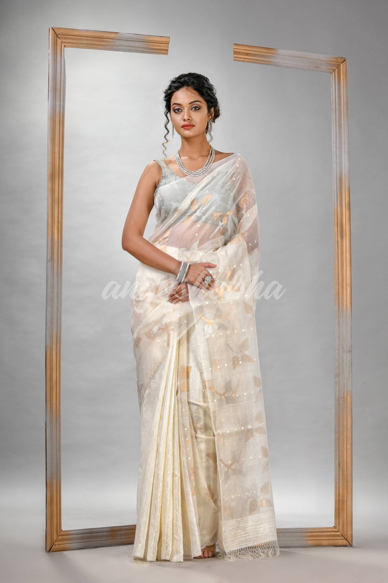Traditional White Matka Silk Sequin Soft Jamdani Saree