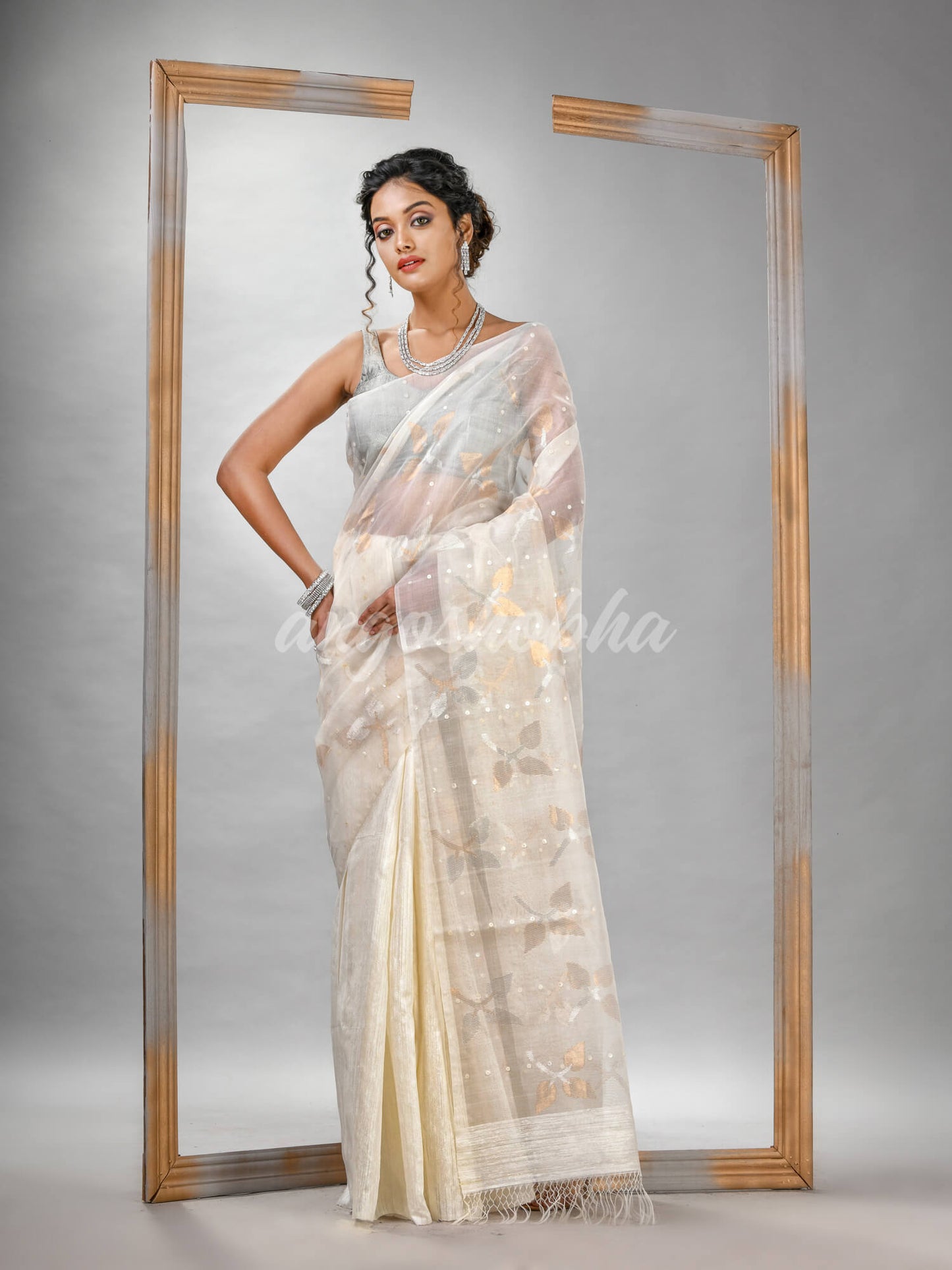 Traditional White Matka Silk Sequin Soft Jamdani Saree