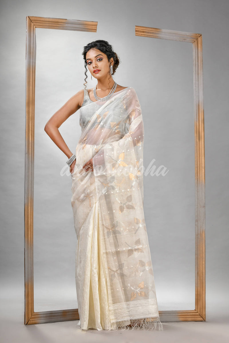 Traditional White Matka Silk Sequin Soft Jamdani Saree
