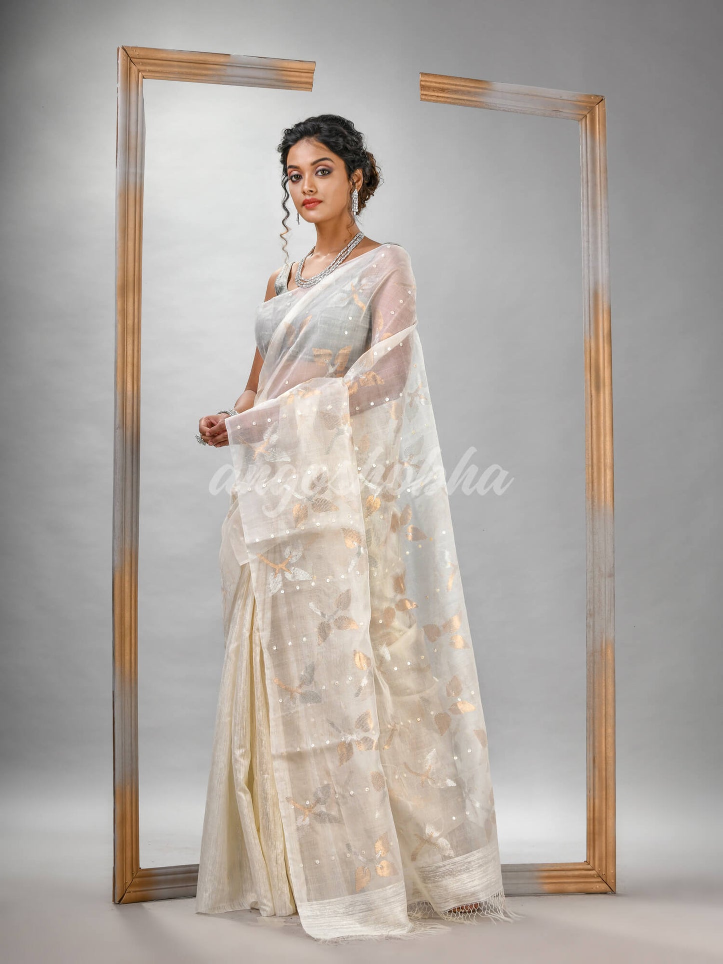 Traditional White Matka Silk Sequin Soft Jamdani Saree