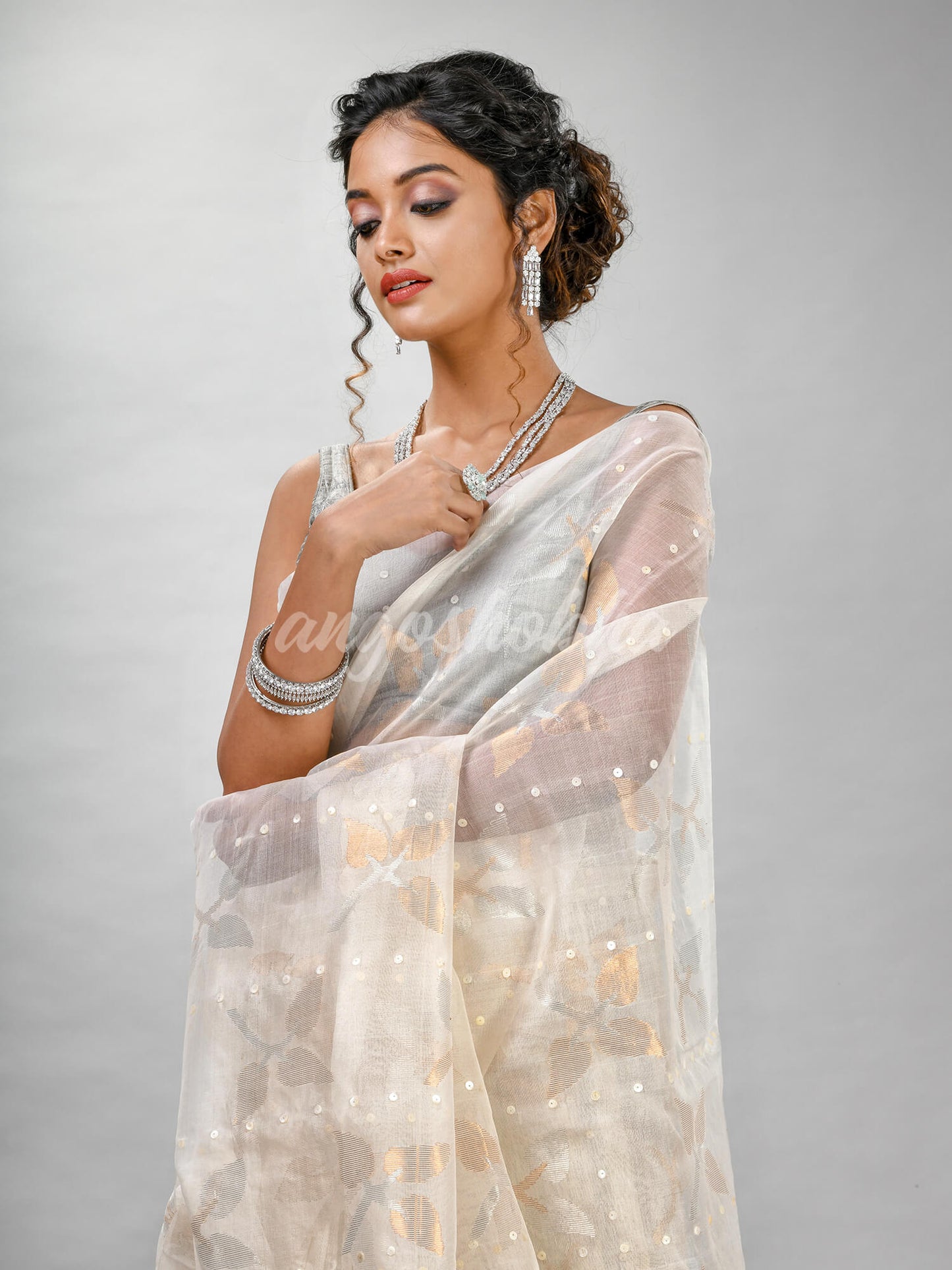 Traditional White Matka Silk Sequin Soft Jamdani Saree