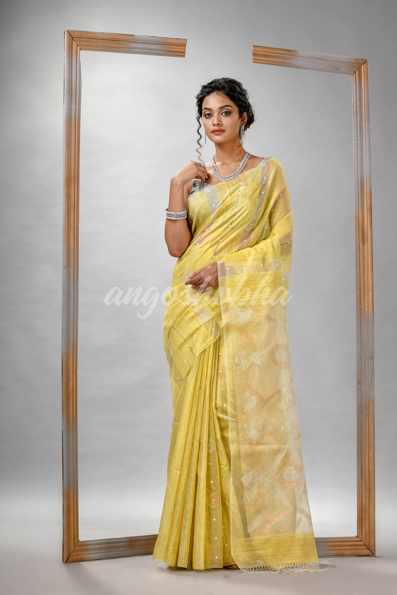 Traditional Yellow Matka Silk Sequin Soft Jamdani Saree