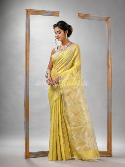 Traditional Yellow Matka Silk Sequin Soft Jamdani Saree