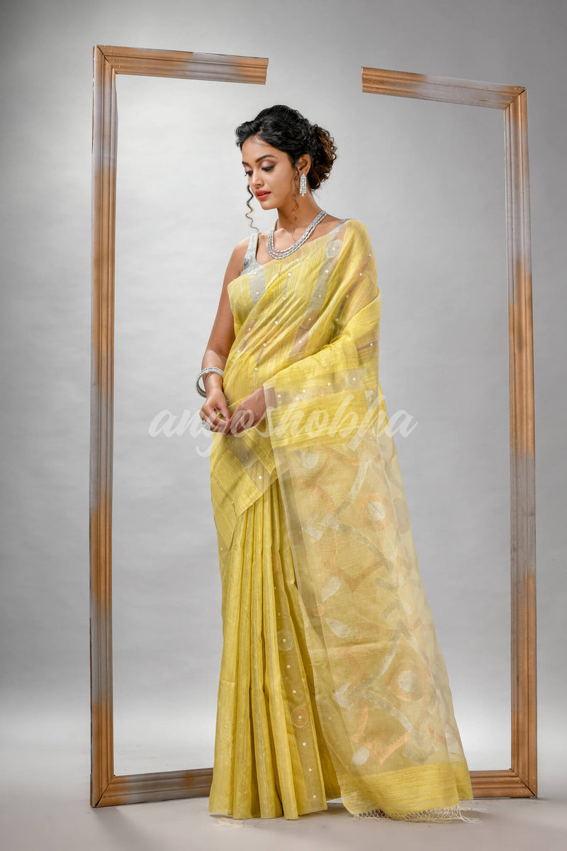 Traditional Yellow Matka Silk Sequin Soft Jamdani Saree