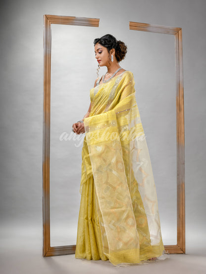 Traditional Yellow Matka Silk Sequin Soft Jamdani Saree