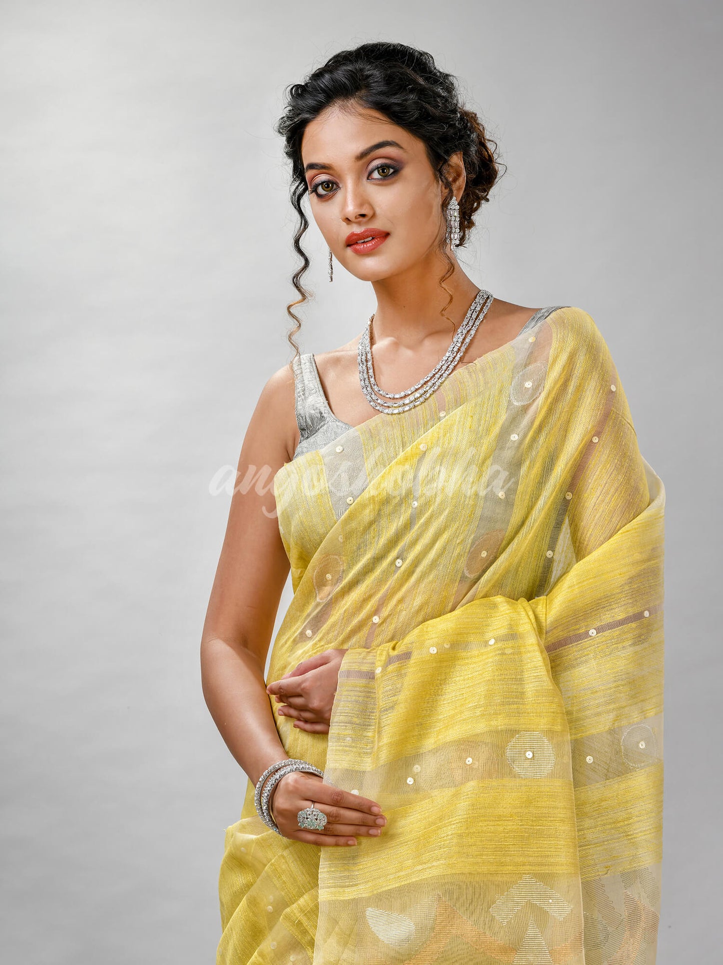 Traditional Yellow Matka Silk Sequin Soft Jamdani Saree