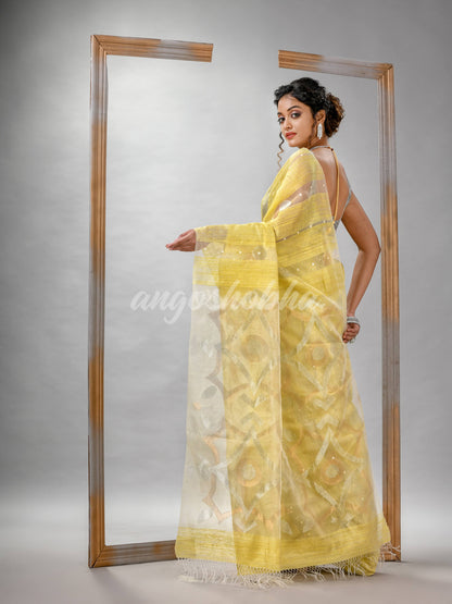 Traditional Yellow Matka Silk Sequin Soft Jamdani Saree