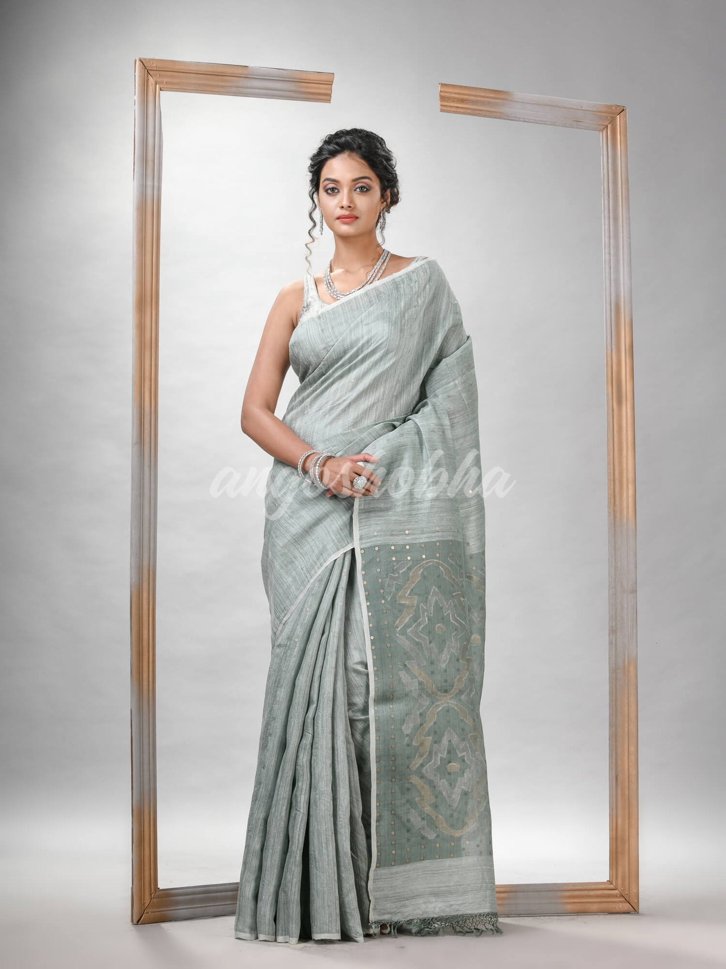 Traditional Sage Green Matka Silk Sequin Soft Jamdani Saree