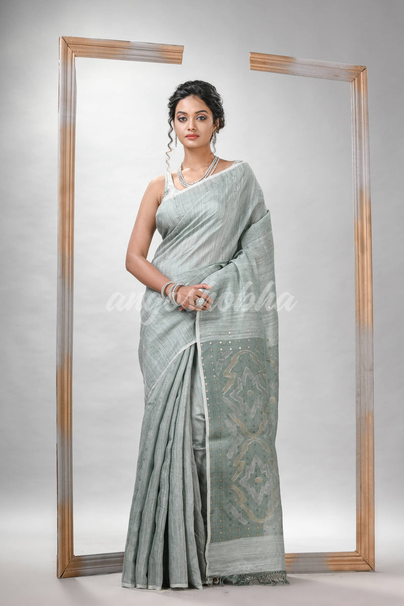 Traditional Sage Green Matka Silk Sequin Soft Jamdani Saree