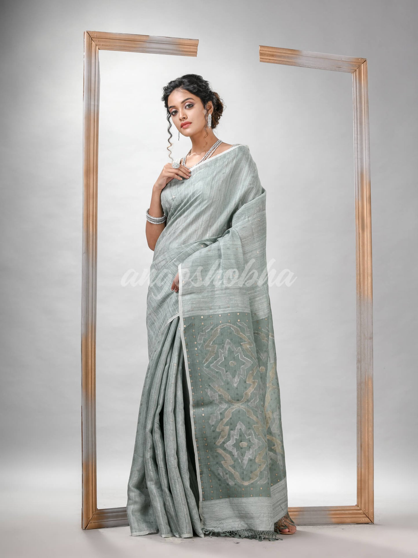 Traditional Sage Green Matka Silk Sequin Soft Jamdani Saree