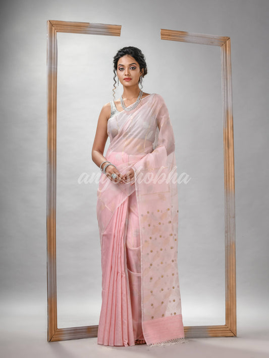 Traditional Baby Pink Matka Silk Sequin Soft Jamdani Saree