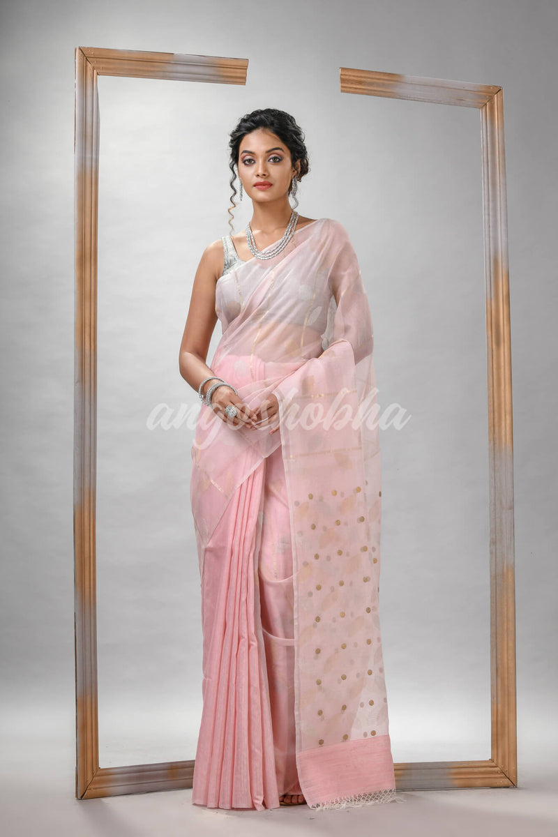Traditional Baby Pink Matka Silk Sequin Soft Jamdani Saree