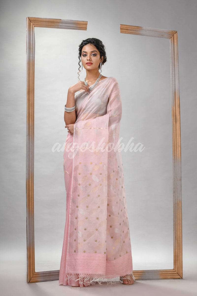 Traditional Baby Pink Matka Silk Sequin Soft Jamdani Saree