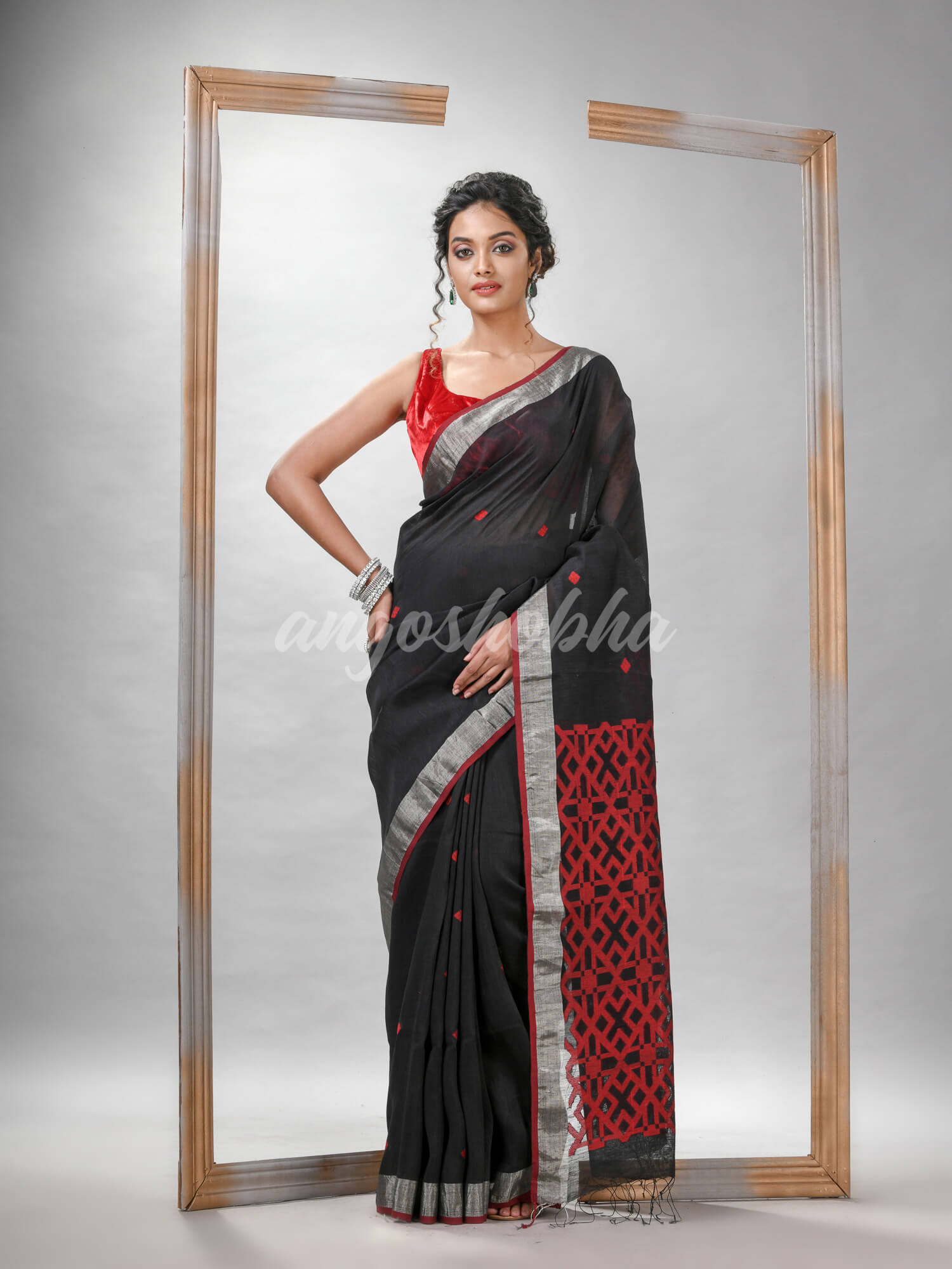 Black Silk Linen All Body Buti With Pallu Jacquard Saree