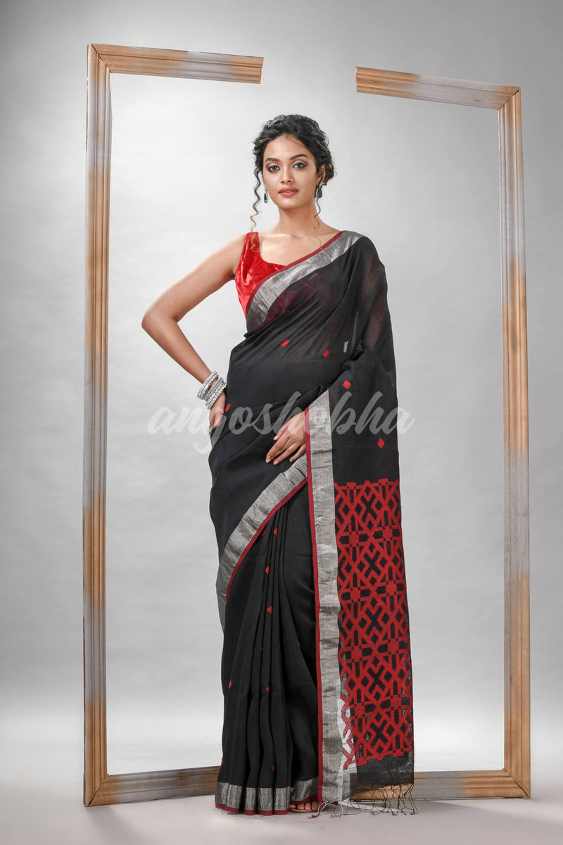 Black Silk Linen All Body Buti With Pallu Jacquard Saree