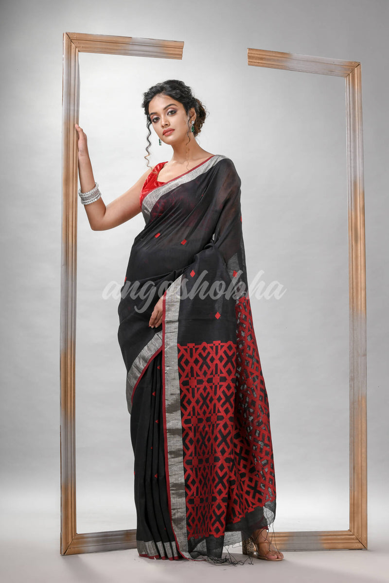 Black Silk Linen All Body Buti With Pallu Jacquard Saree
