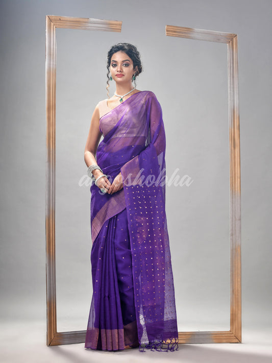 Traditional Violet Silk Matka Sequin Jamdani Saree