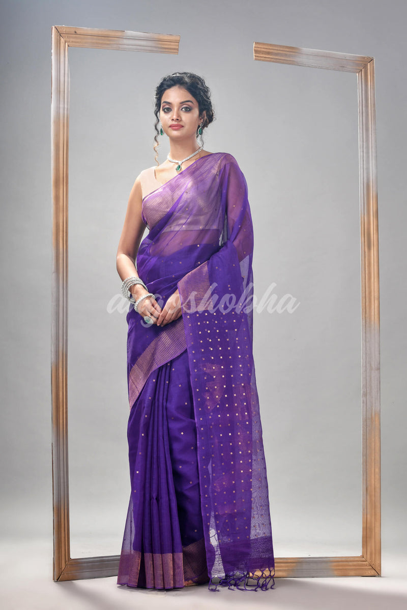 Traditional Violet Silk Matka Sequin Jamdani Saree
