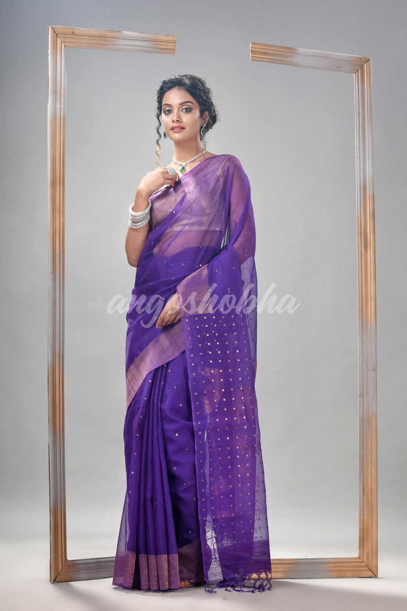 Traditional Violet Silk Matka Sequin Jamdani Saree
