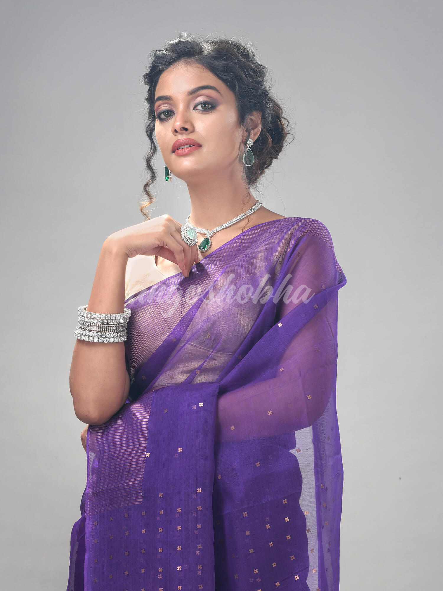 Traditional Violet Silk Matka Sequin Jamdani Saree