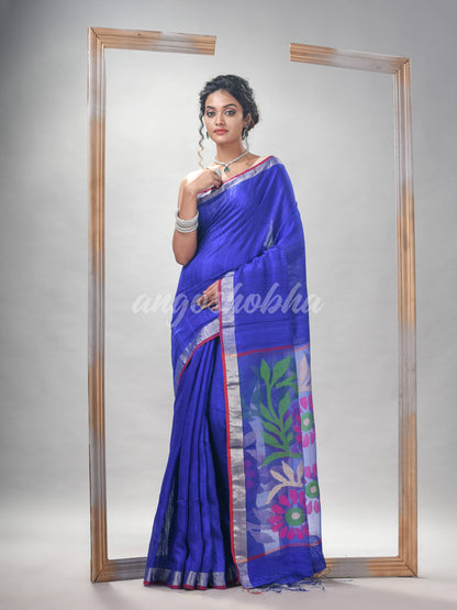 Royal Blue Silk Matka Solid Body With Pallu Flowers Motive Soft Jamdani Saree