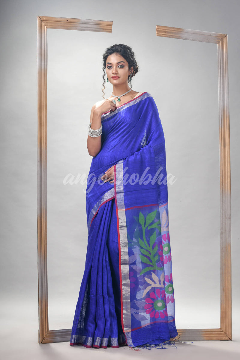 Royal Blue Silk Matka Solid Body With Pallu Flowers Motive Soft Jamdani Saree