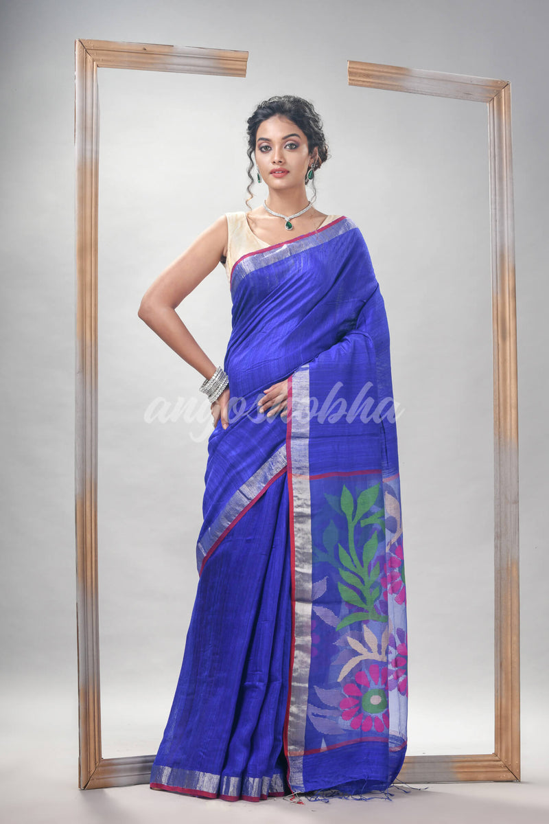 Royal Blue Silk Matka Solid Body With Pallu Flowers Motive Soft Jamdani Saree