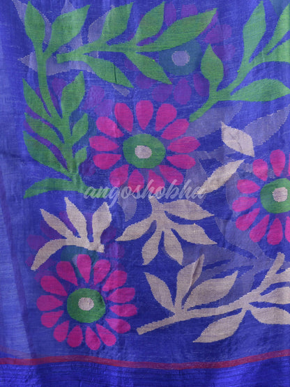 Royal Blue Silk Matka Solid Body With Pallu Flowers Motive Soft Jamdani Saree