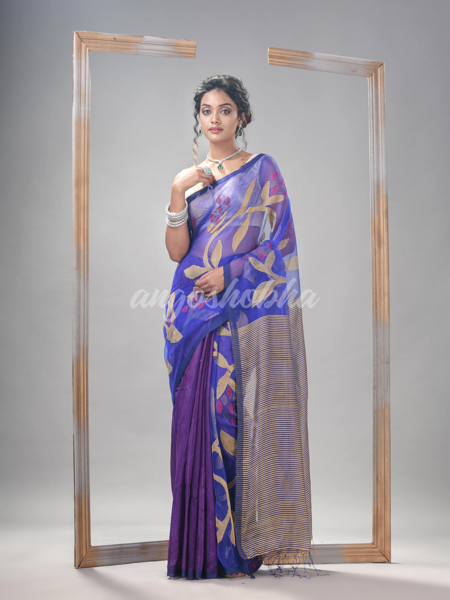 Royal Blue Silk Matka All Body Motive With Pallu Stripe Jamdani Saree