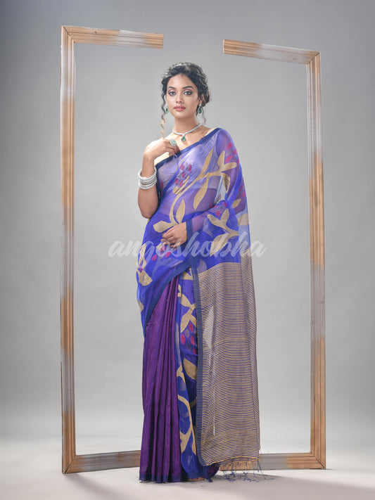 Royal Blue Silk Matka All Body Motive With Pallu Stripe Jamdani Saree