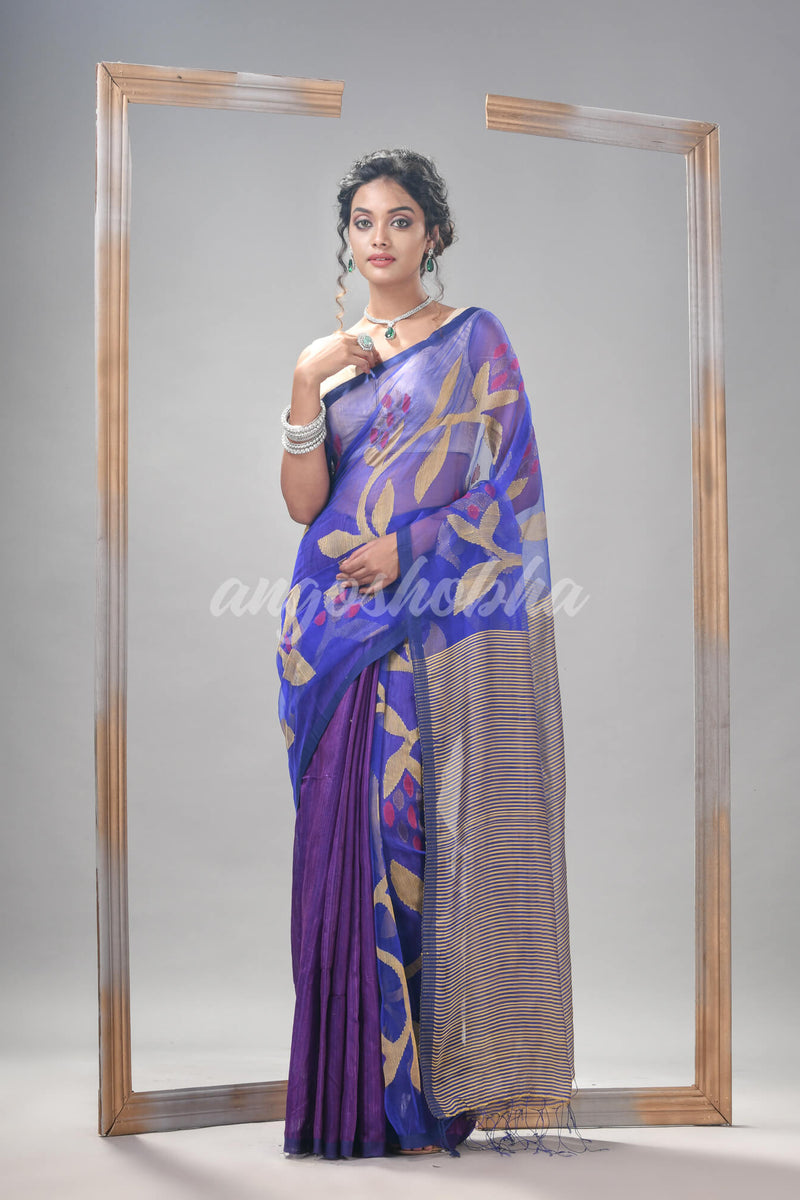 Royal Blue Silk Matka All Body Motive With Pallu Stripe Jamdani Saree