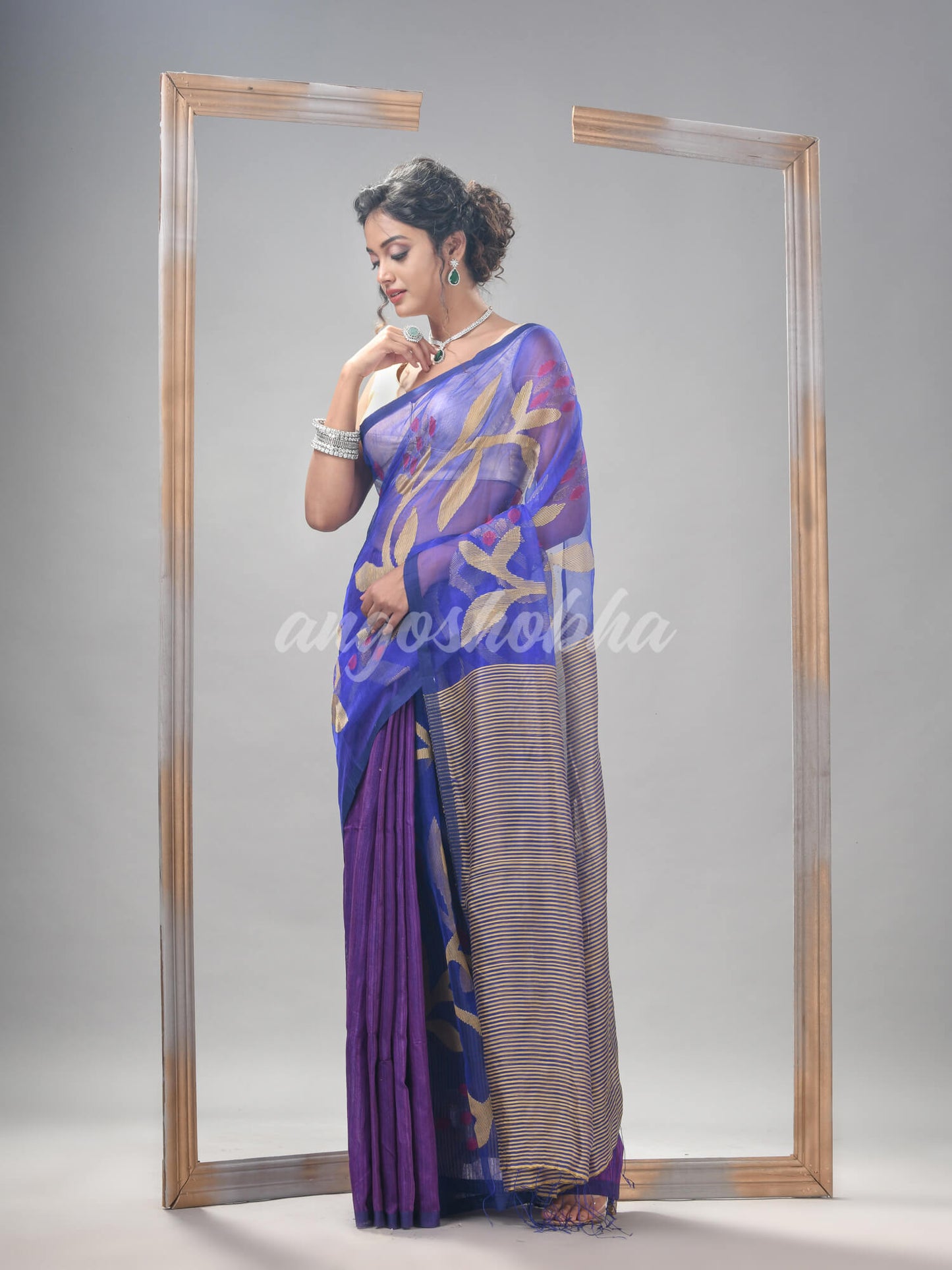 Royal Blue Silk Matka All Body Motive With Pallu Stripe Jamdani Saree