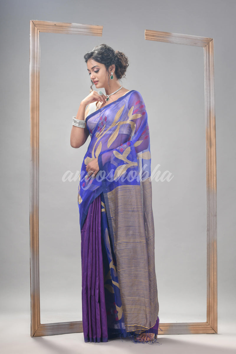 Royal Blue Silk Matka All Body Motive With Pallu Stripe Jamdani Saree