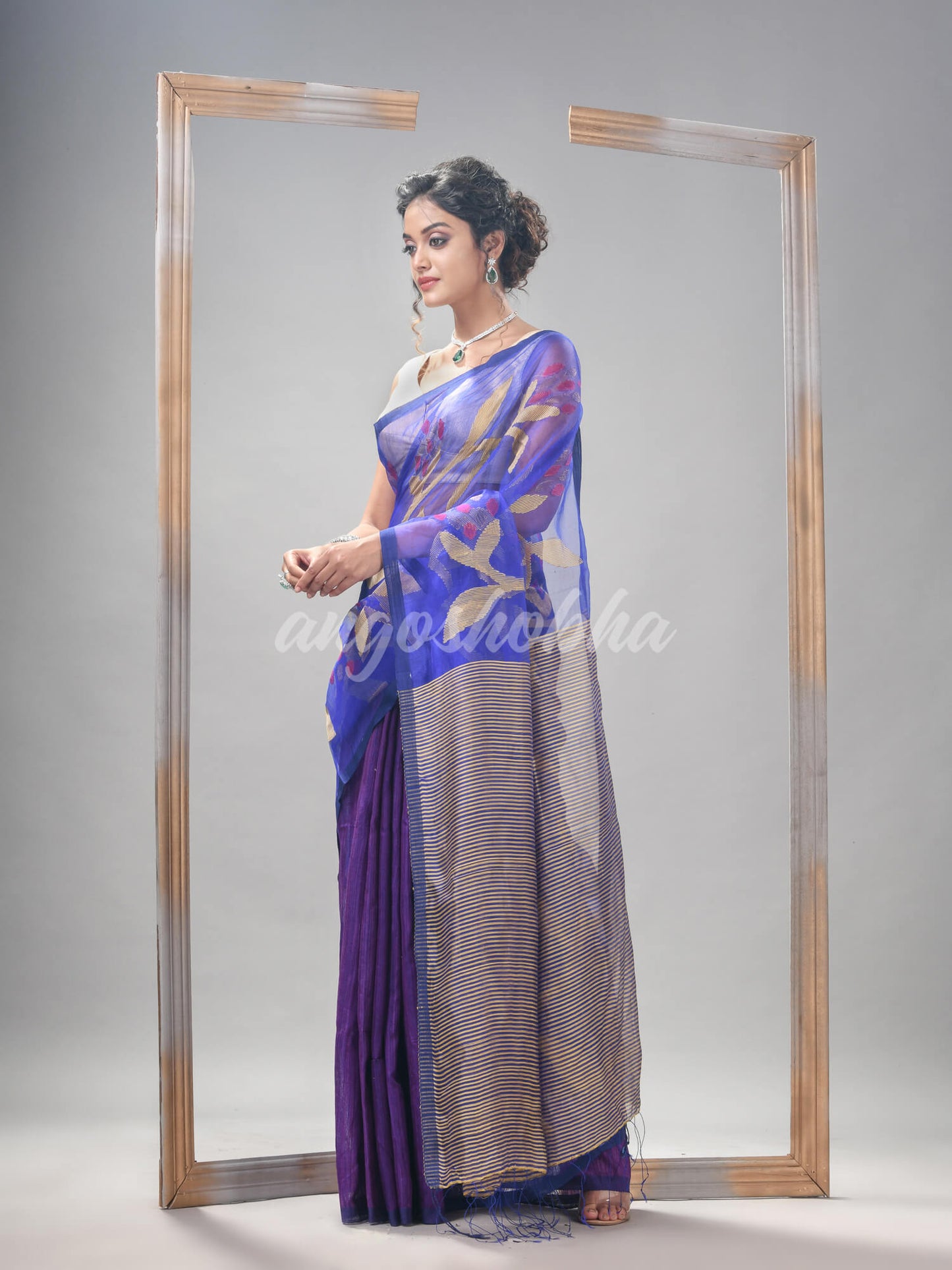 Royal Blue Silk Matka All Body Motive With Pallu Stripe Jamdani Saree