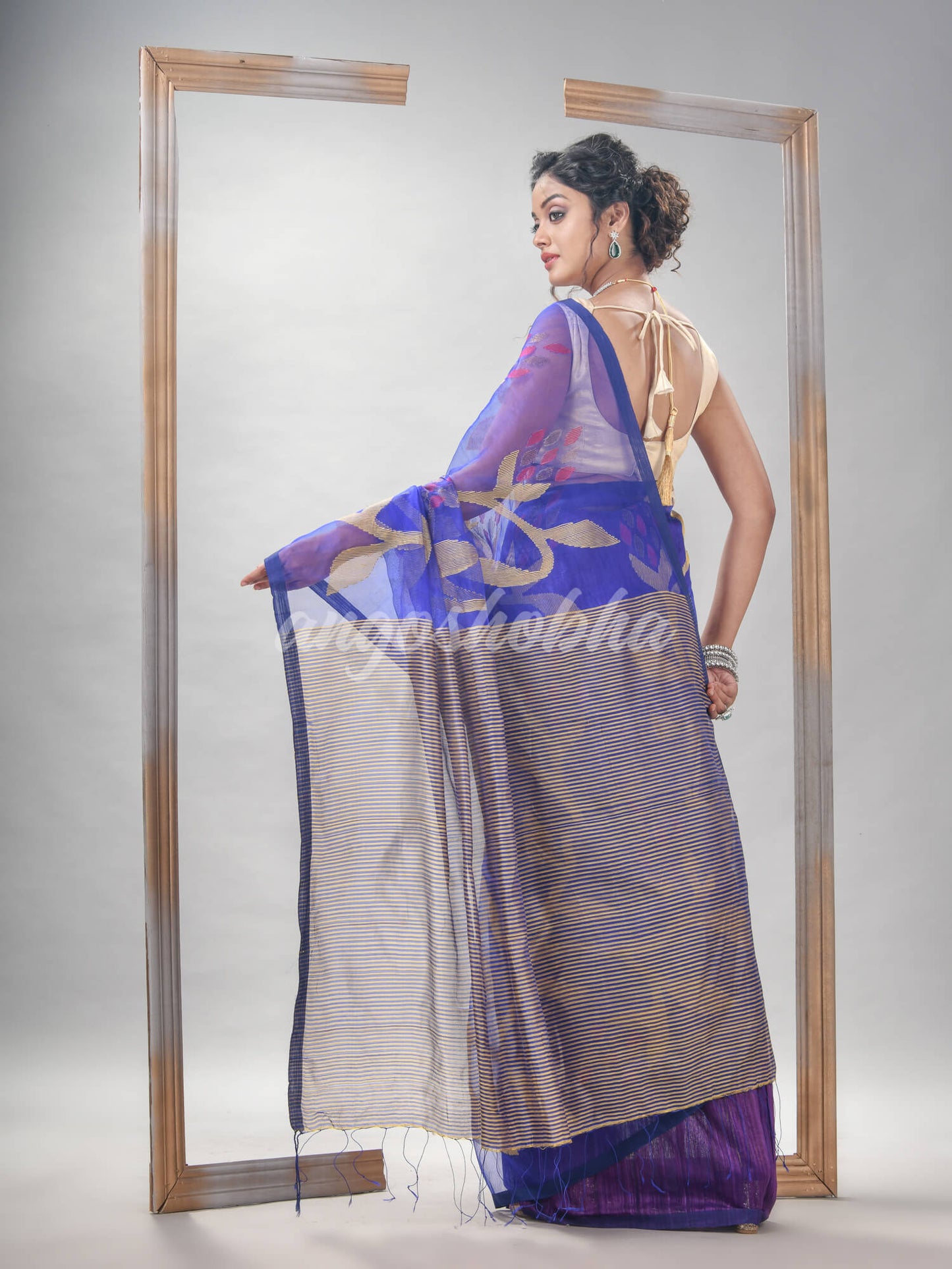 Royal Blue Silk Matka All Body Motive With Pallu Stripe Jamdani Saree