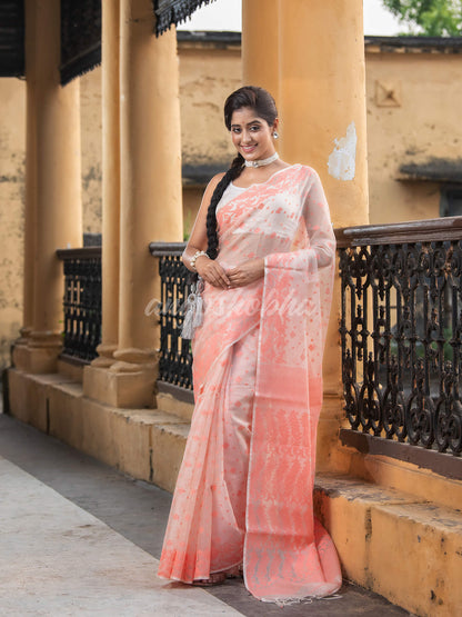 Peach Silk Muslin Jacquard Jamdani Saree