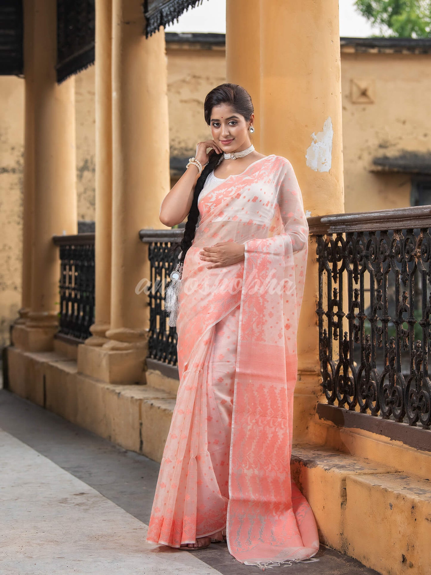 Peach Silk Muslin Jacquard Jamdani Saree