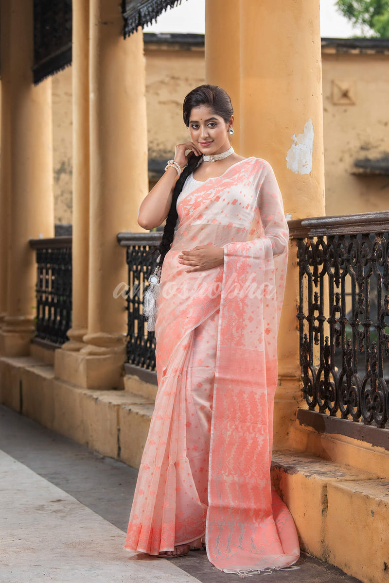 Peach Silk Muslin Jacquard Jamdani Saree