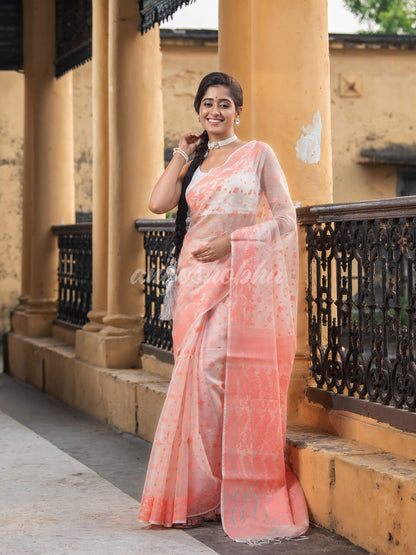 Peach Silk Muslin Jacquard Jamdani Saree