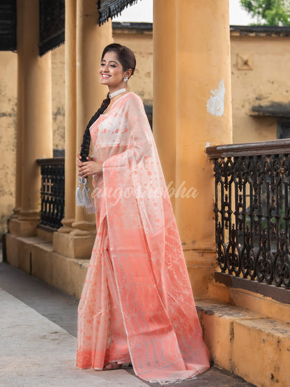 Peach Silk Muslin Jacquard Jamdani Saree