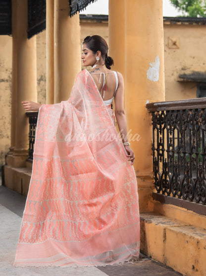 Peach Silk Muslin Jacquard Jamdani Saree