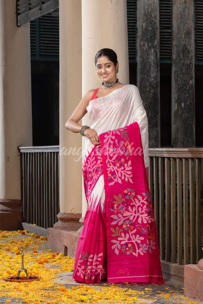 White & Rani Silk Matka Solid Body Handwoven Jamdani Saree