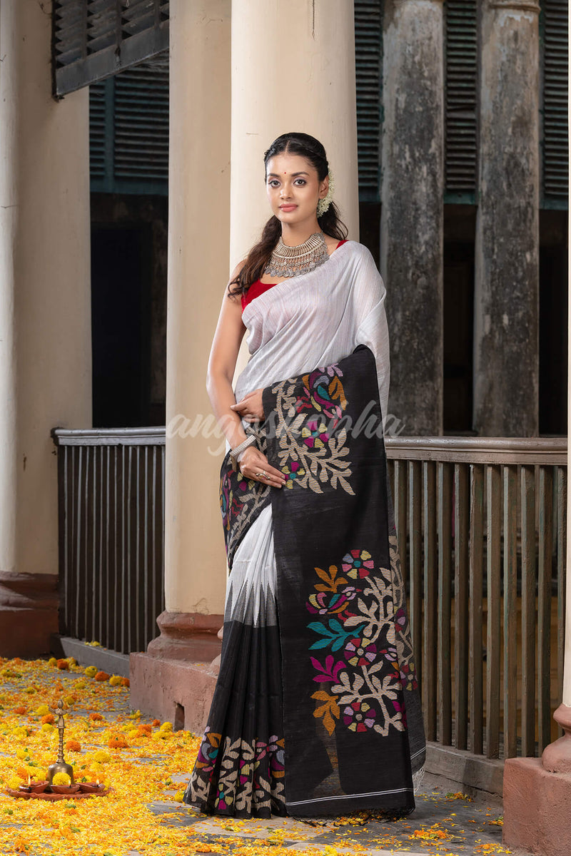 Steel & Black Silk Matka Solid Body Handwoven Jamdani Saree