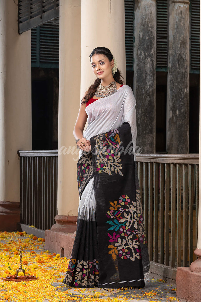 Steel & Black Silk Matka Solid Body Handwoven Jamdani Saree