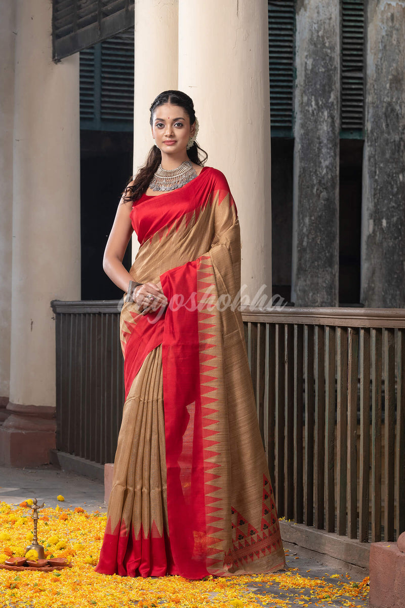 Muga Silk Matka Solid Body Red Temple Border Jacquard Jamdani Saree