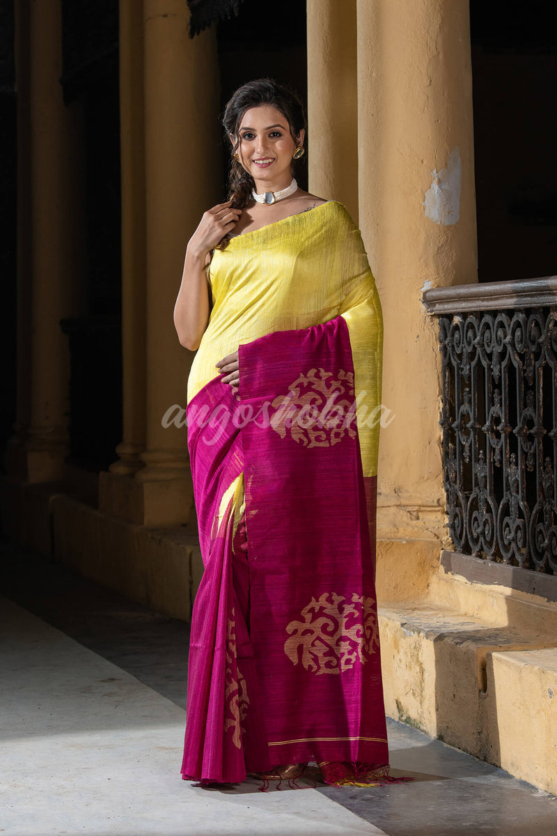 Yellow & Magenta Silk Matka Solid Body Handwoven Jamdani Saree